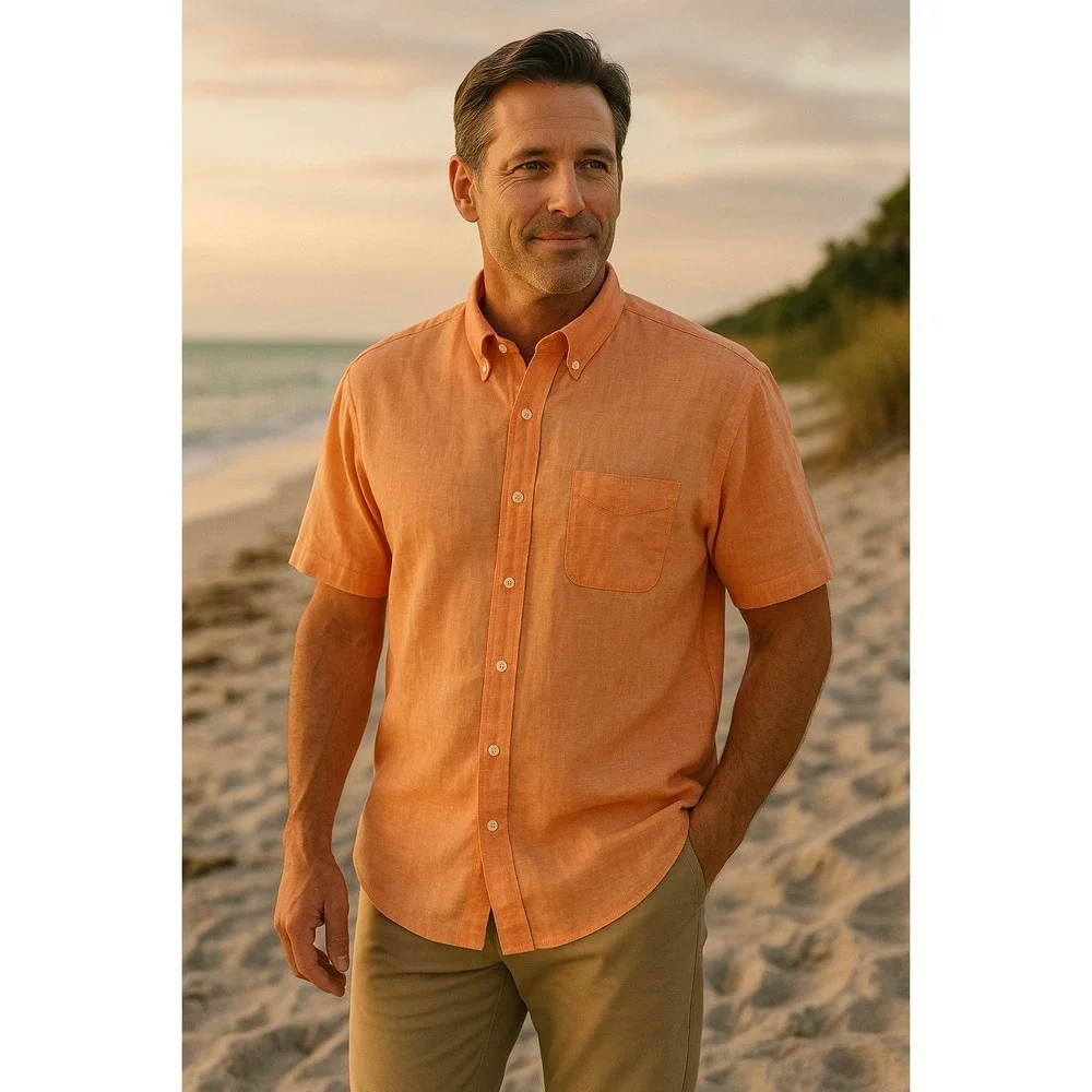 Brooks‎ Brothers 346 Men's XL Linen Button Front Shirt Peach Orange Short Sleeve